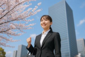 桜並木とオフィス街を背景にガッツポーズの新入社員