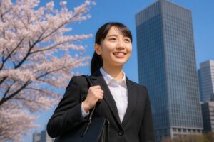 桜並木とオフィス街を背景に前を見つめる新卒女性