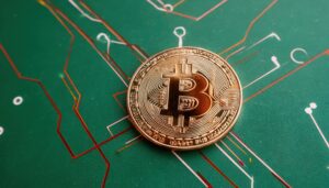 緑の基板の上のビットコインコイン