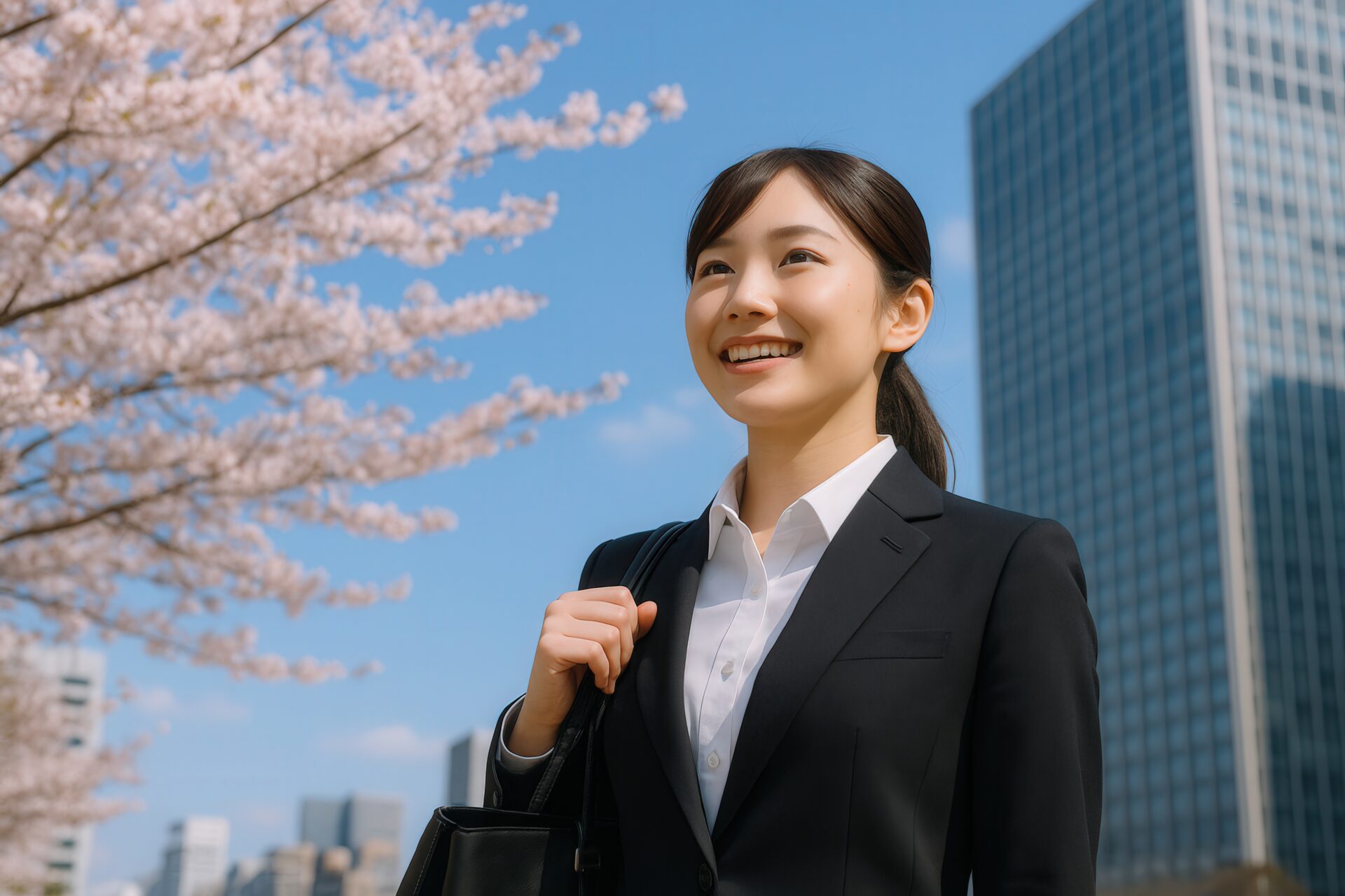 桜と高層ビルを背景に歩く新卒女性