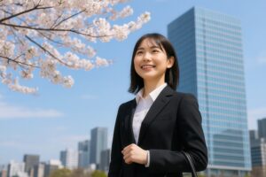 桜並木と高層ビルを背景に笑顔の新卒女性