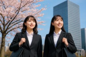 桜並木とビジネス街で並んで歩く新卒女性二人