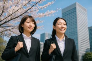 桜並木と街並みを背景に歩く新卒女性二人