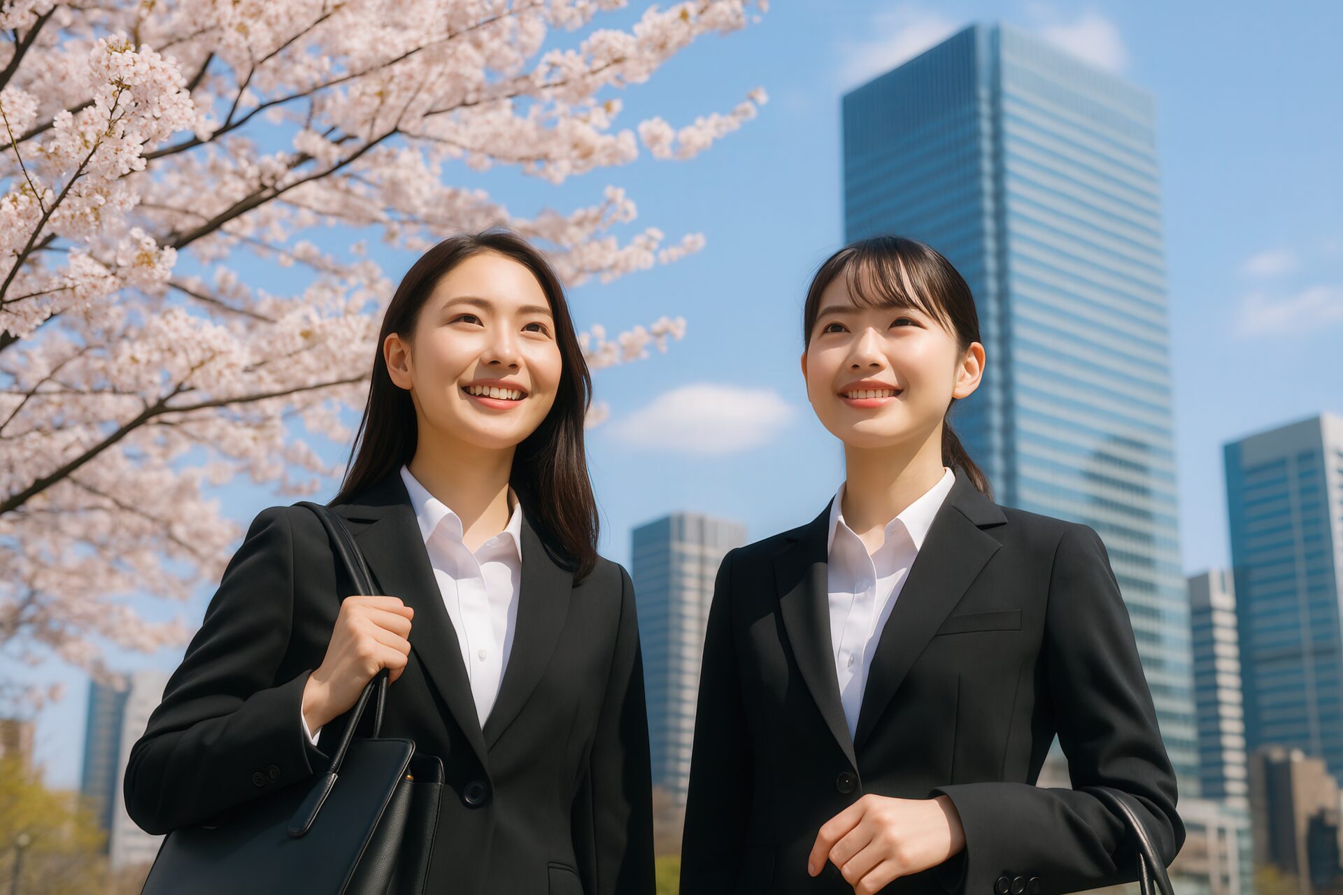 桜とオフィス街を背景に歩く新卒女性二人