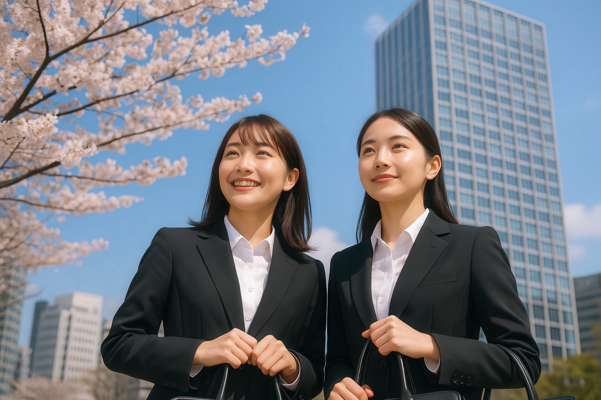 桜並木と高層ビルを背景に微笑む新卒女性二人