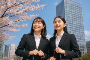 桜並木と高層ビルを背景に微笑む新卒女性二人