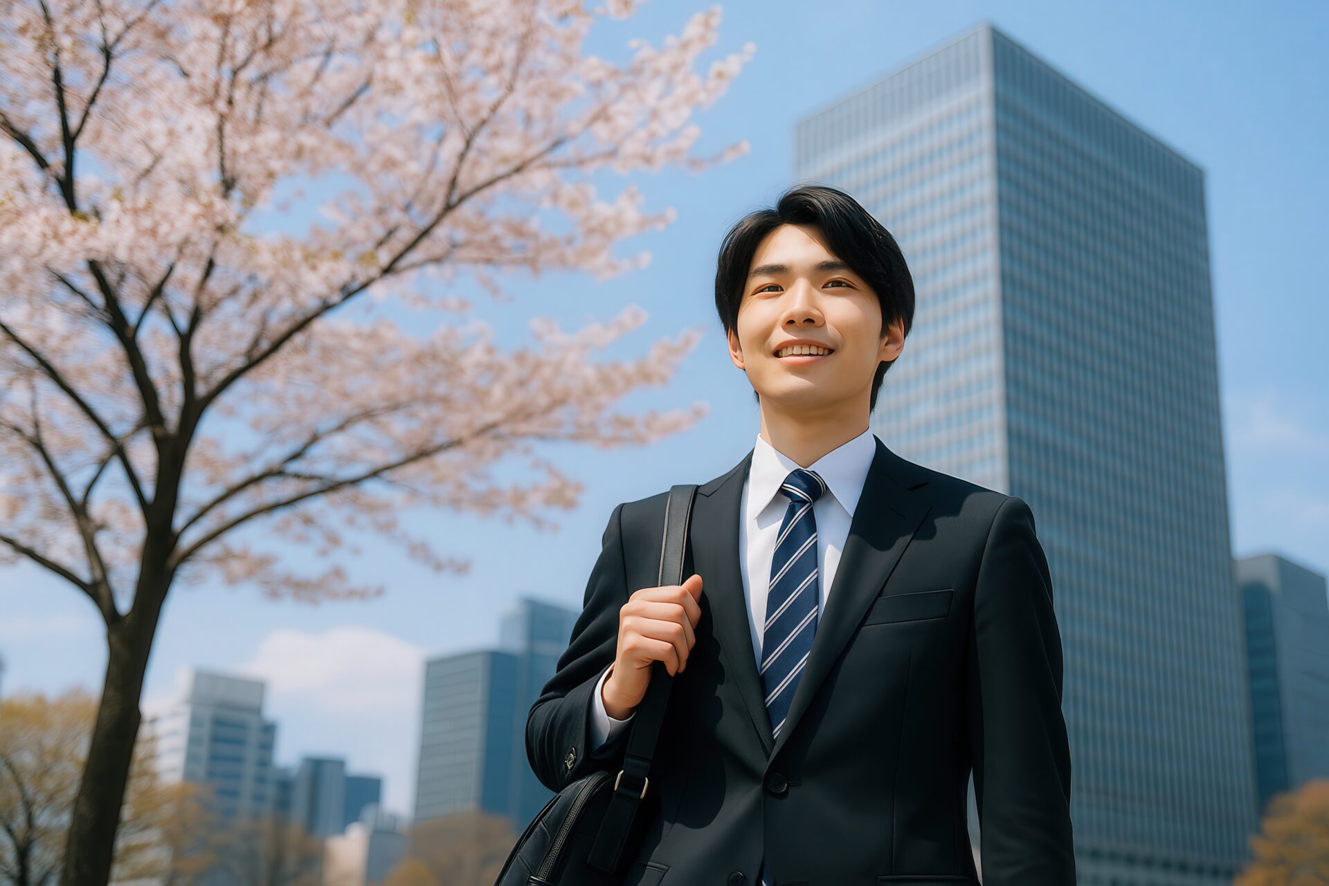 桜並木と高層ビルを背景に歩く新卒男性