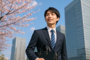 桜と高層ビルを背景にカバンを持つ新卒男性