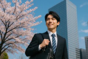 桜並木と高層ビルを背景に歩く新卒男性