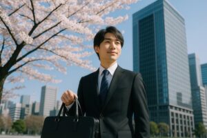 桜とビジネス街を背景にカバンを持つ新卒男性