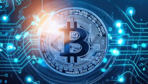 電子ネットワークに浮かぶ青いビットコイン