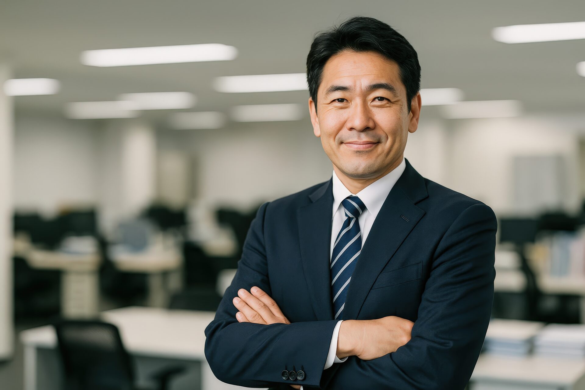 オフィスで腕を組むスーツ姿の中年男性