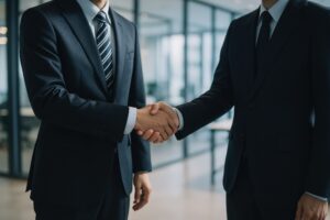 オフィスで握手するスーツ姿のビジネスマン