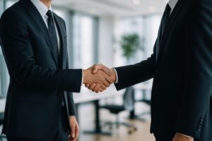 会議室で握手するスーツ姿のビジネスマン