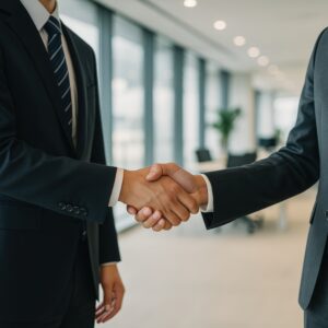 明るいオフィスで握手するビジネスマン