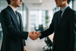 窓際のオフィスで握手するビジネスマン