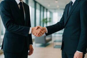近代的オフィスで握手するスーツ姿のビジネスマン