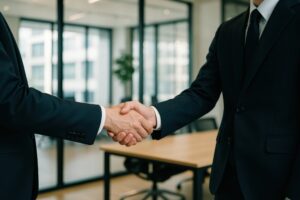 会議テーブル前で握手するビジネスマン
