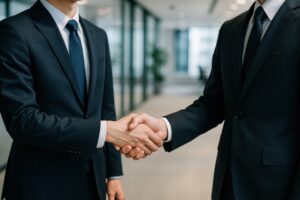 オフィスロビーで握手するビジネスマン
