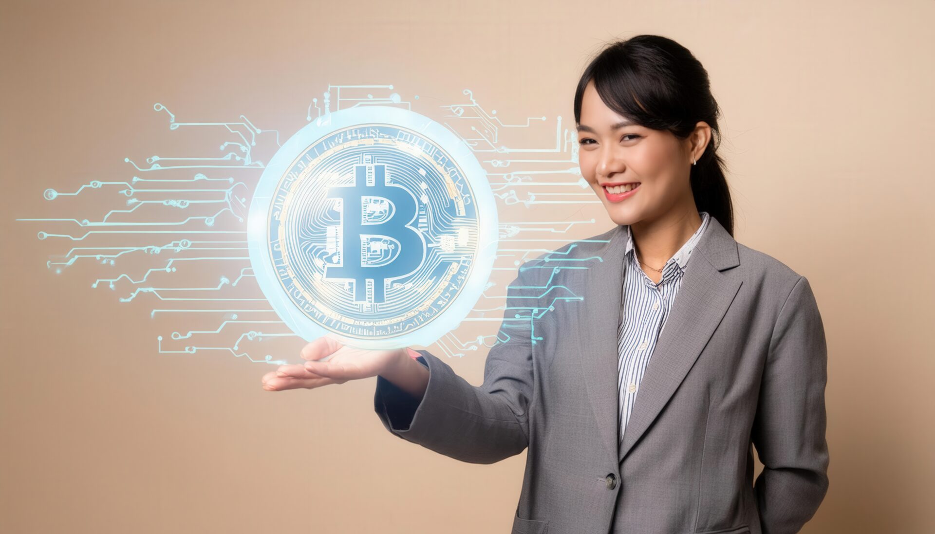 ビットコインを手のひらに浮かべるスーツの女性