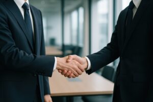 テーブル前で握手するスーツ姿のビジネスマン