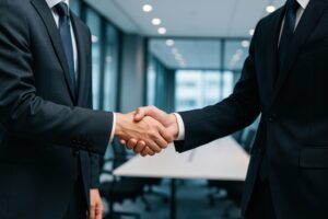 現代的オフィスで握手するビジネスマン