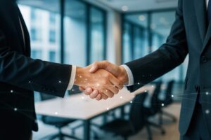 ネットワークエフェクトと握手するビジネスマン