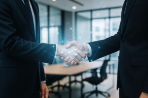 デジタルネットワーク効果と握手するビジネスマン