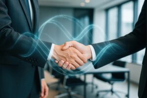 デジタルエフェクトが重なるビジネスマンの握手