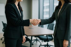 窓際のオフィスで握手するビジネスウーマン