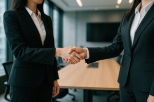 テレビ画面のある会議室で握手するビジネスウーマン