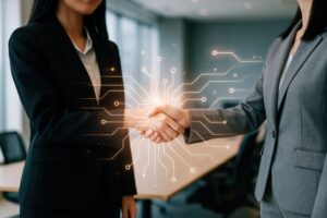 デジタル回路エフェクトと握手するビジネスウーマン