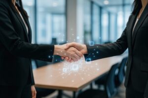 デジタルパーティクルが輝く握手のビジネスウーマン