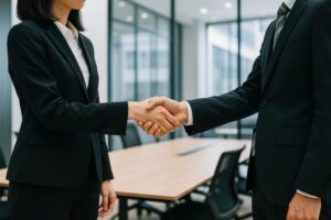 会議室で握手するビジネスウーマンとビジネスマン