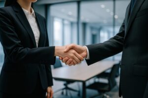 ガラス張りの会議室で握手するビジネスウーマンとビジネスマン