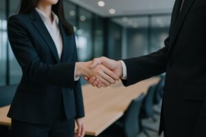 明るい会議室で握手するビジネスウーマンとビジネスマン