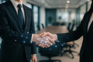 ネットワークエフェクトが輝く握手のビジネスマンとビジネスウーマン