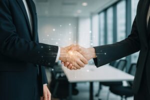 デジタル回路が光る握手のビジネスマンとビジネスウーマン