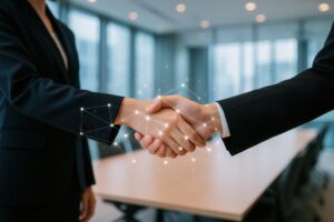 ネットワークエフェクトが輝く握手を交わすビジネスウーマンとビジネスマン