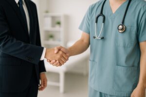 医療従事者と握手するビジネスマン