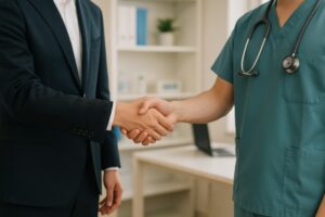 診察室で医療従事者と握手するビジネスマン