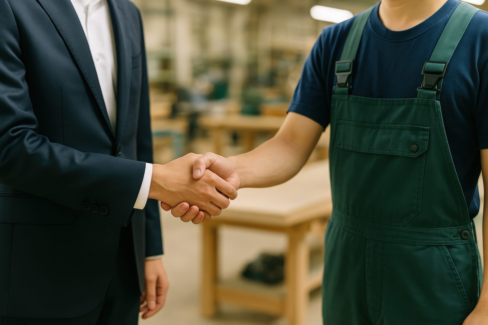 作業服の職人と握手するビジネスマン