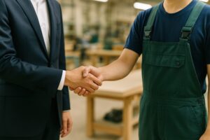 作業服の職人と握手するビジネスマン