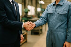 工場で作業着の作業員と握手するビジネスマン