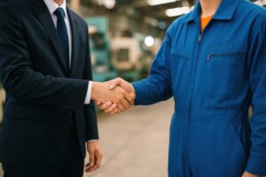 工場内で青い作業服の作業員と握手するビジネスマン