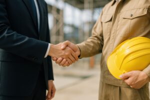 建設現場で作業員と握手するビジネスマン
