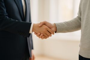 カジュアルな服装の人物と握手するビジネスマン