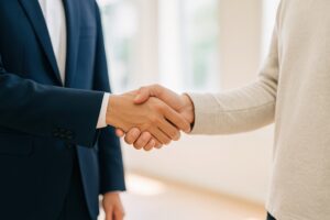 ラフな服装の人物と握手するビジネスマン