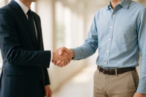 デニムシャツの人物と握手するビジネスマン