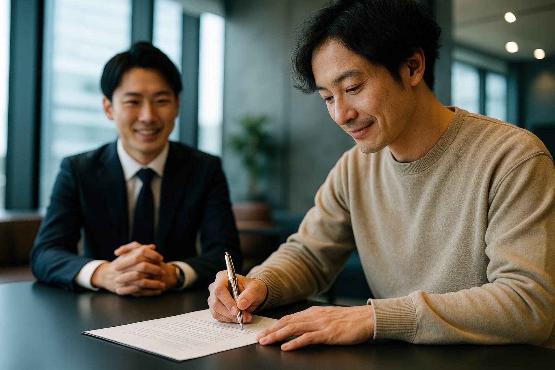 契約書に署名するカジュアルな服装の男性